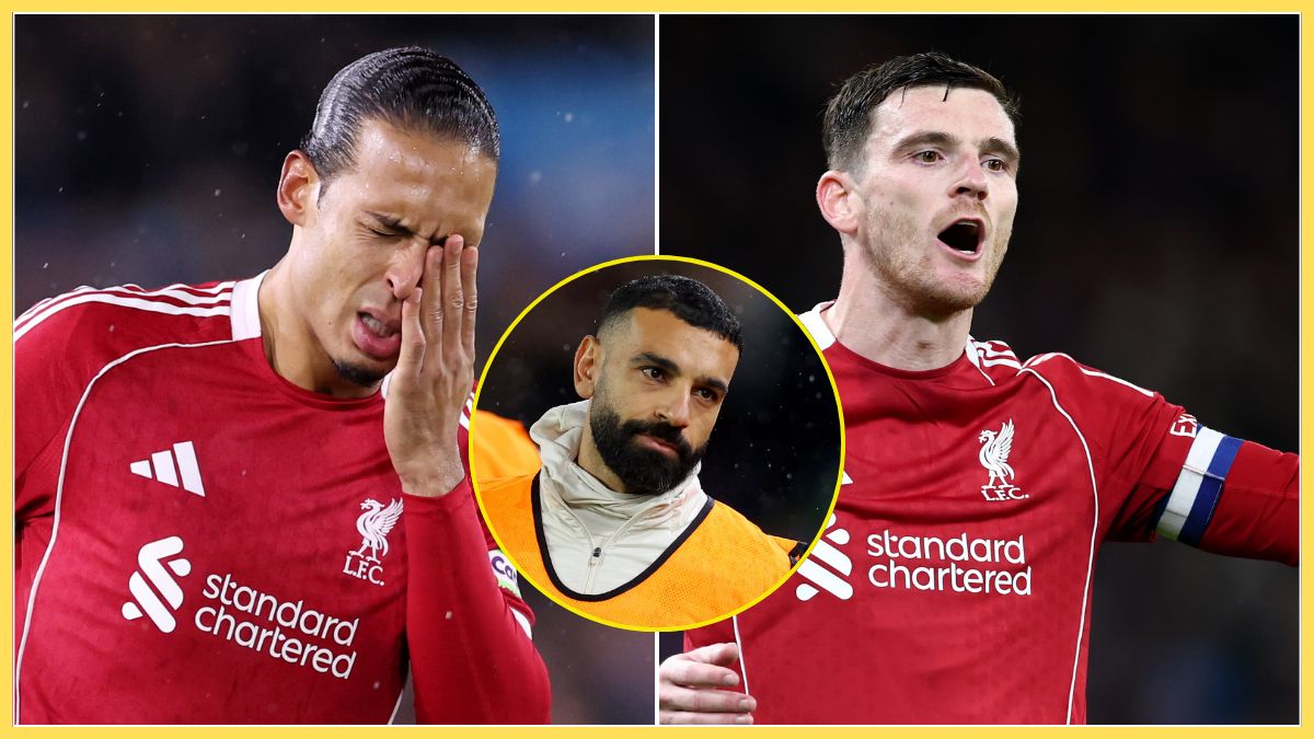 Virgil van Dijk covers his face, as Andy Robertson and Mo Salah looks on.
