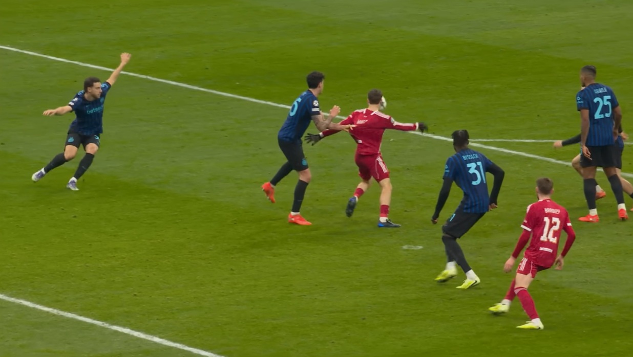 Alessandro Bastoni had a penalty given against him for tugging Florian Wirtz's shirt