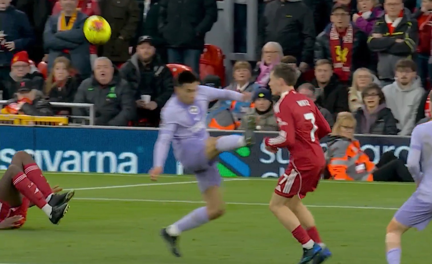 Diego Gomez was nowhere near getting the ball when he lunged in on Florian Wirtz