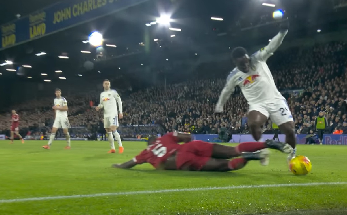 Ibrahima Konate conceded a penalty for this needless lunge on Wilfried Gnonto