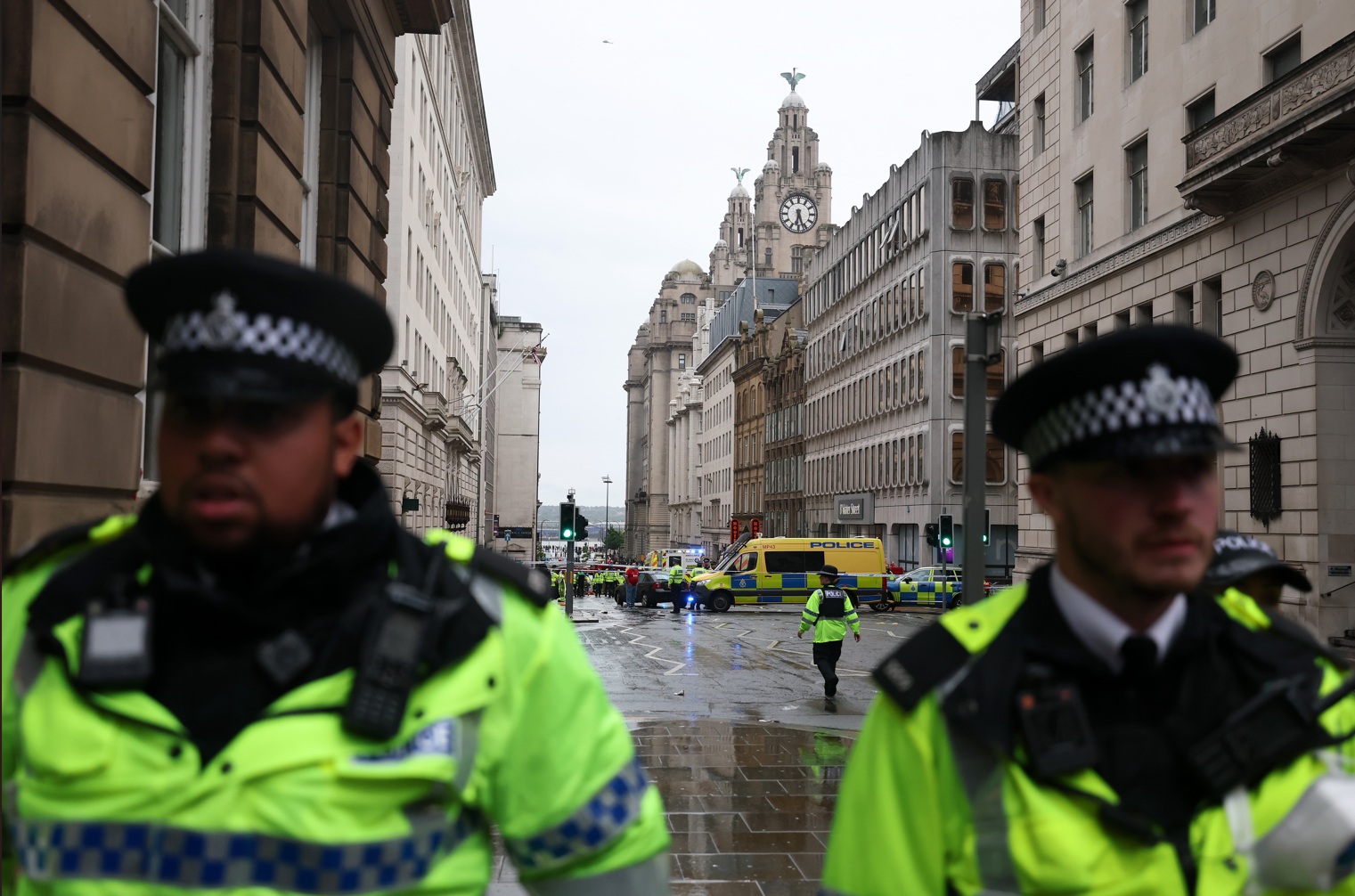 A large emergency service presence pictured on Water Street during the Liverpool victory parade on May 26