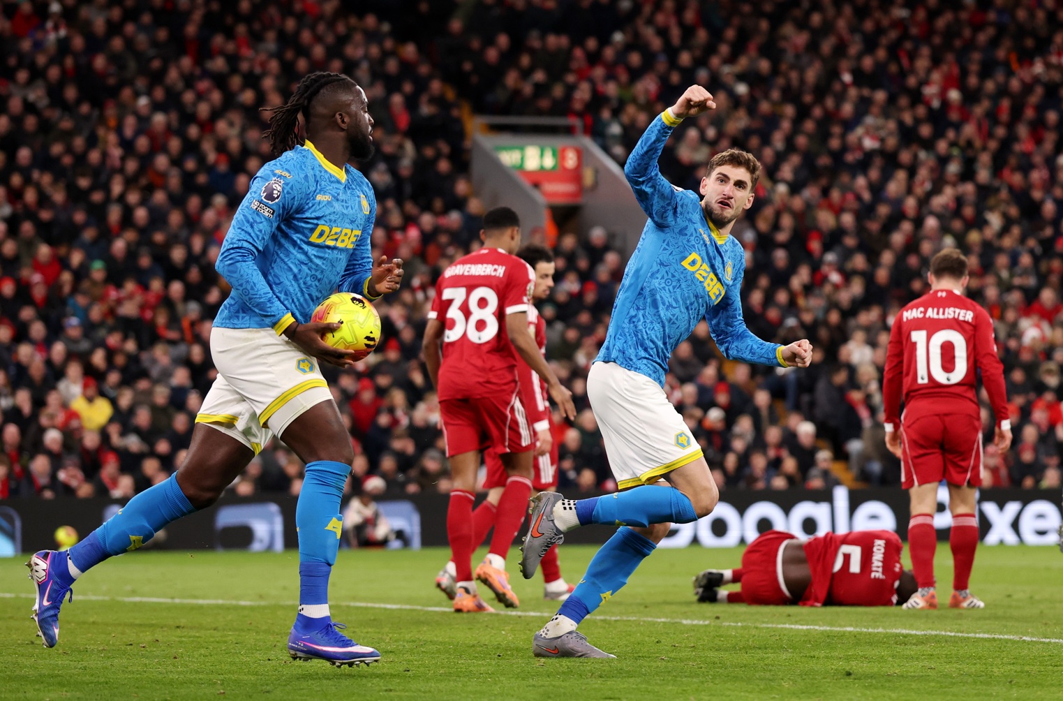 Santiago Bueno celebrates his goal against Liverpool at Anfield, which came from the Reds' failure to defend a set piece