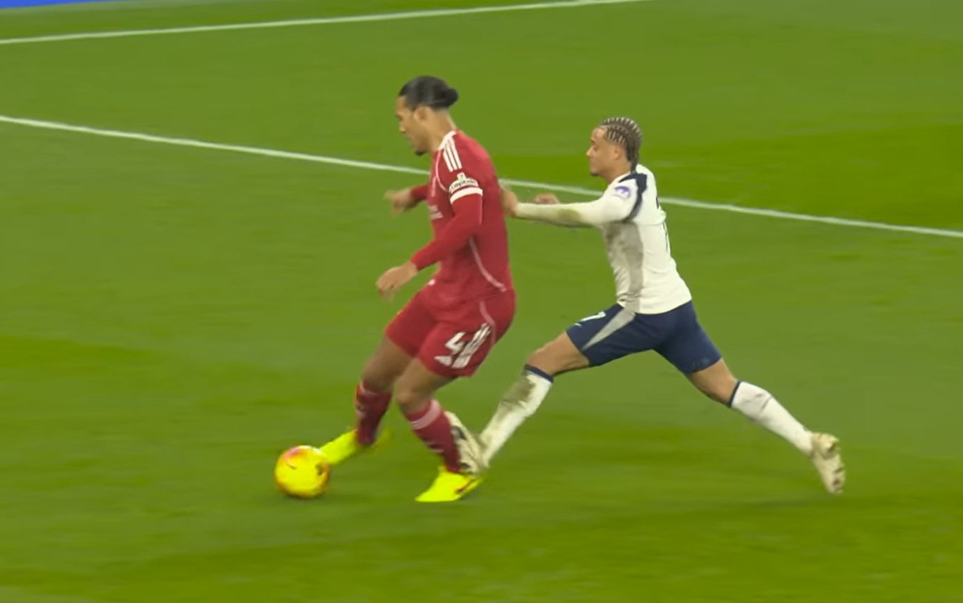 Xavi Simons was sent off for this foul on Virgil van Dijk in Liverpool's win over Spurs