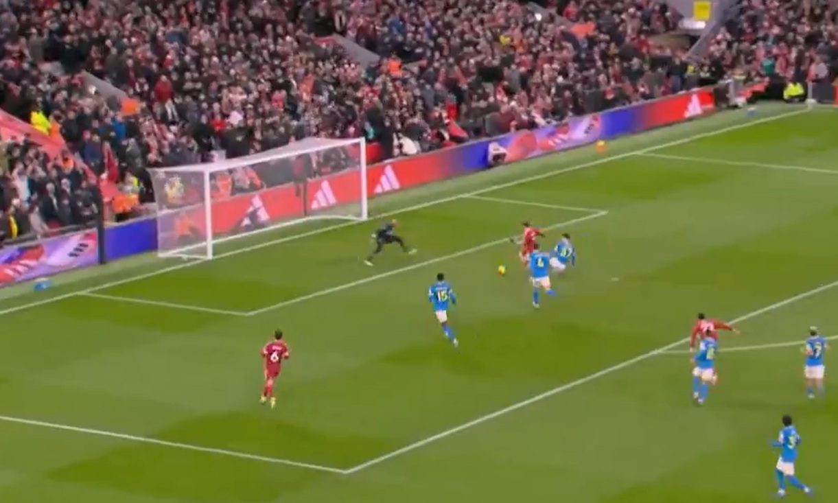 Florian Wirtz dispatches the ball past Jose Sa for his first Liverpool goal