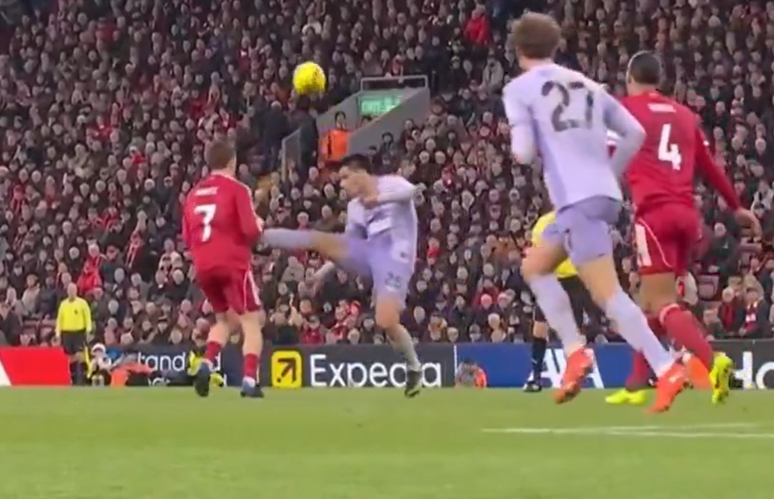 Diego Gomez was shown a yellow card for this dangerous challenge on Florian Wirtz