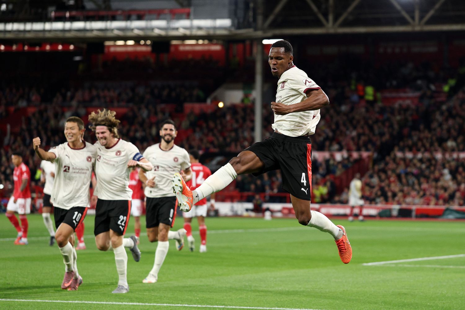 Ousmane Diao of FC Midtjylland celebrates scoring his team's first goal during the UEFA Europa League 2025/26 League Phase MD2 match between Nottingham Forest FC and FC Midtjylland