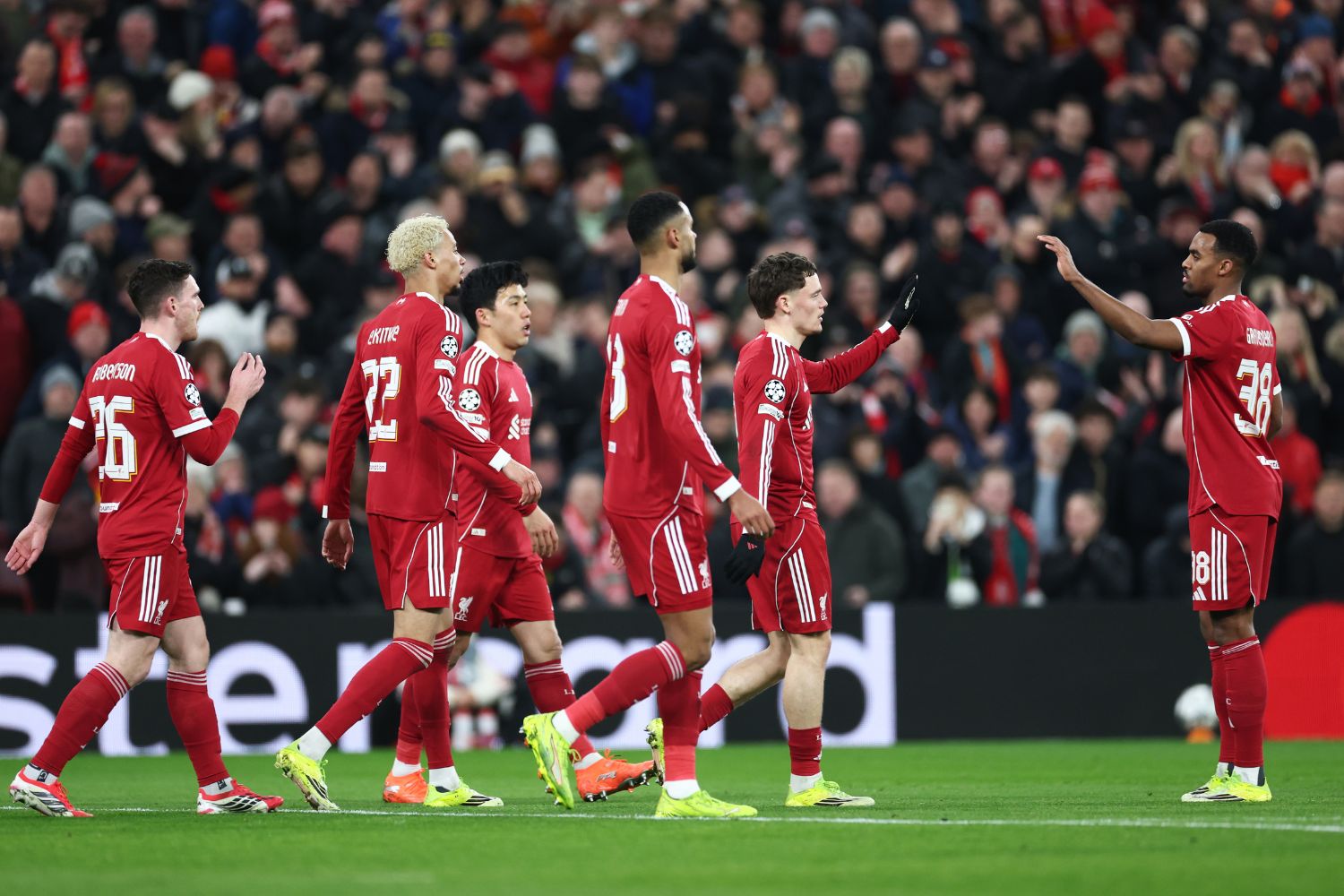 Wataru Endo celebrates with Liverpool teammates after Florian Wirtz scores against Qarabag