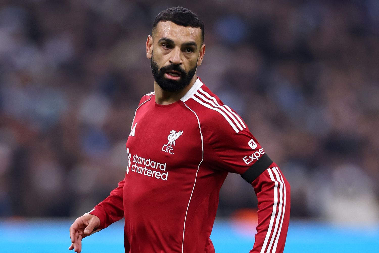 Mo Salah reacts after missing a chance against Marseille