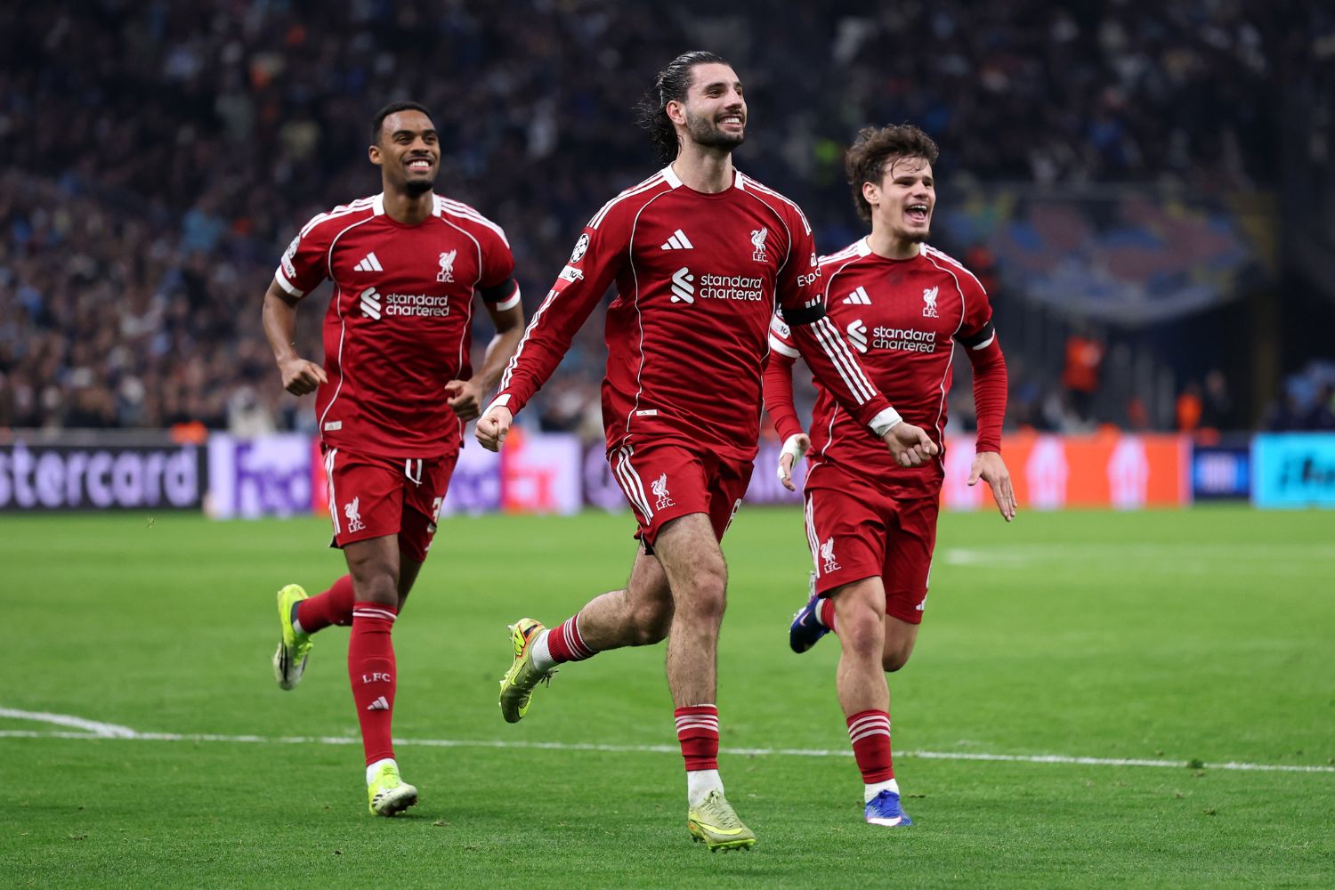 Dominik Szoboszlai of Liverpool celebrates scoring his team's first goal during the UEFA Champions League 2025/26 League Phase MD7 match between Olympique de Marseille and Liverpool