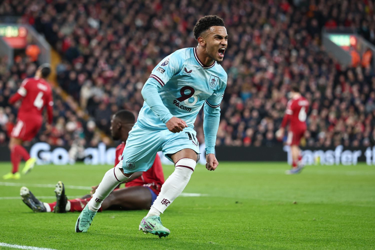 Marcus Edwards of Burnley celebrates scoring against Liverpool