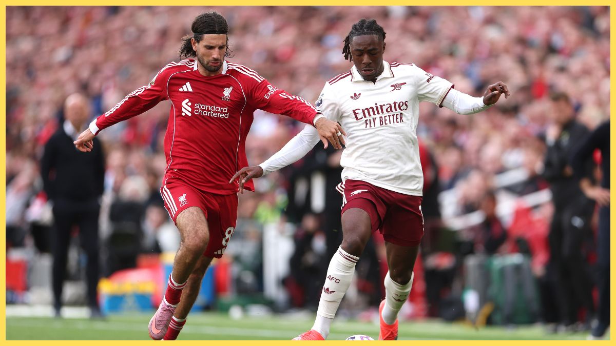 Eberechi Eze of Arsenal is tackled by Dominik Szoboszlai of Liverpool
