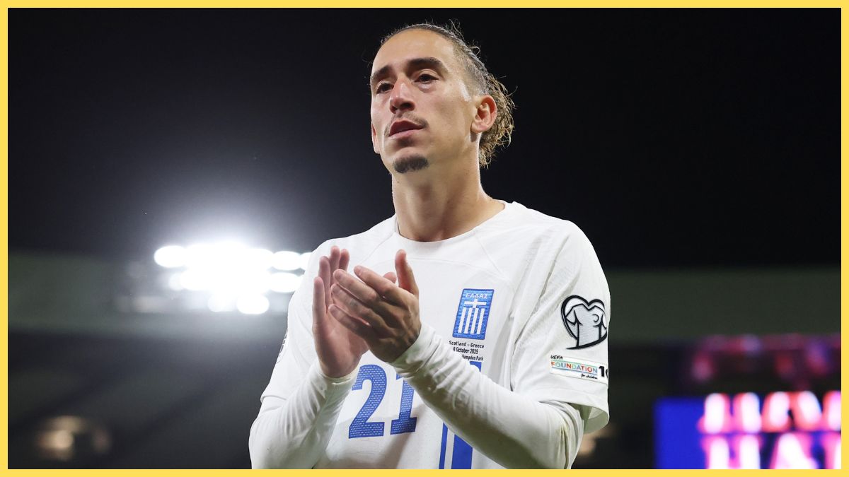 Kostas Tsimikas in action for Greece against Scotland