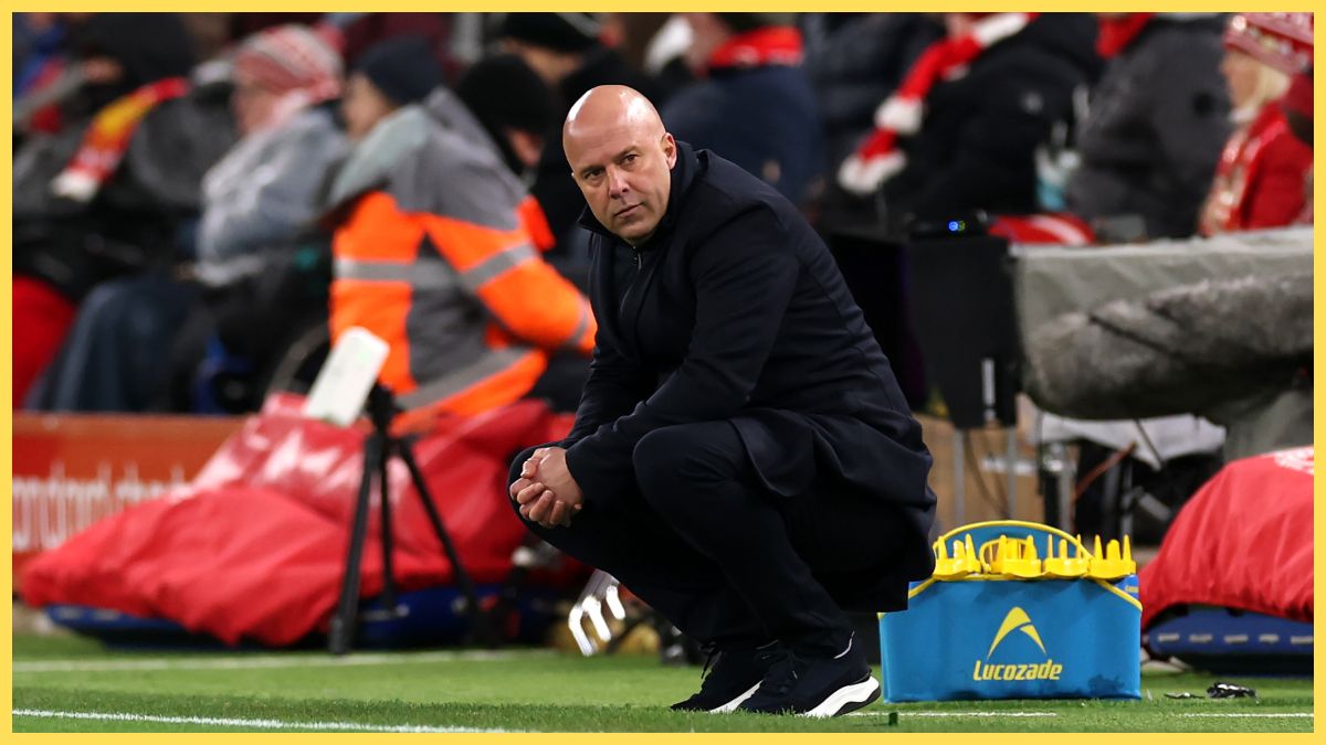 Arne Slot reacts at Anfield against Leeds