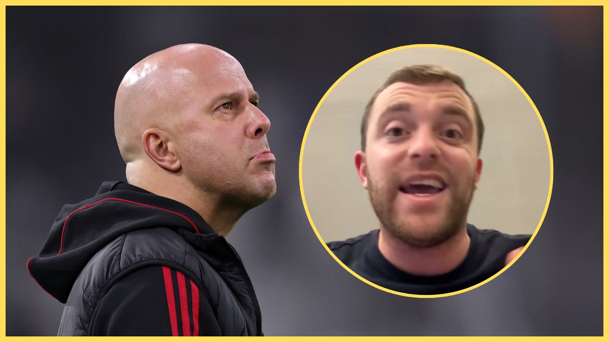 Liverpool head coach Arne Slot looks on as Fabrizio Romano speaks to his right.