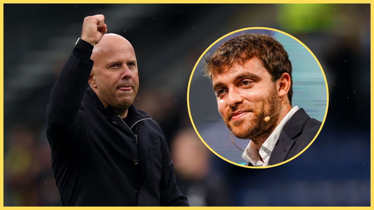Liverpool head coach Arne Slot pumps his fist in celebration next to a smiling Fabrizio Romano.