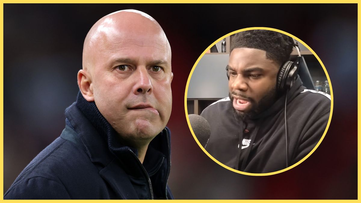 Arne Slot looks worried as Micah Richards speaks into a microphone.