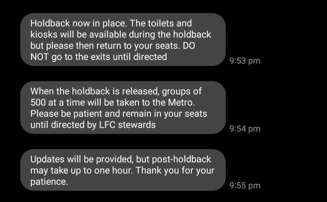 A series of text messages sent to Liverpool fans shortly before the final whistle of the match against Marseille