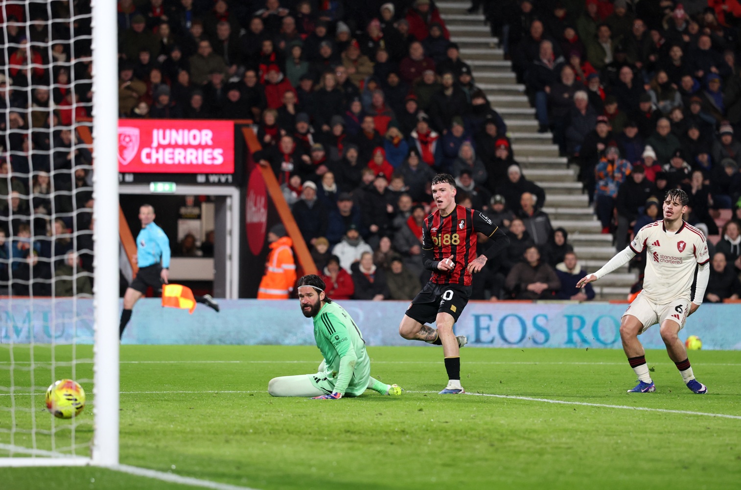 Alex Jimenez put Bournemouth 2-0 up against Liverpool when the Reds had only 10 players on the pitch