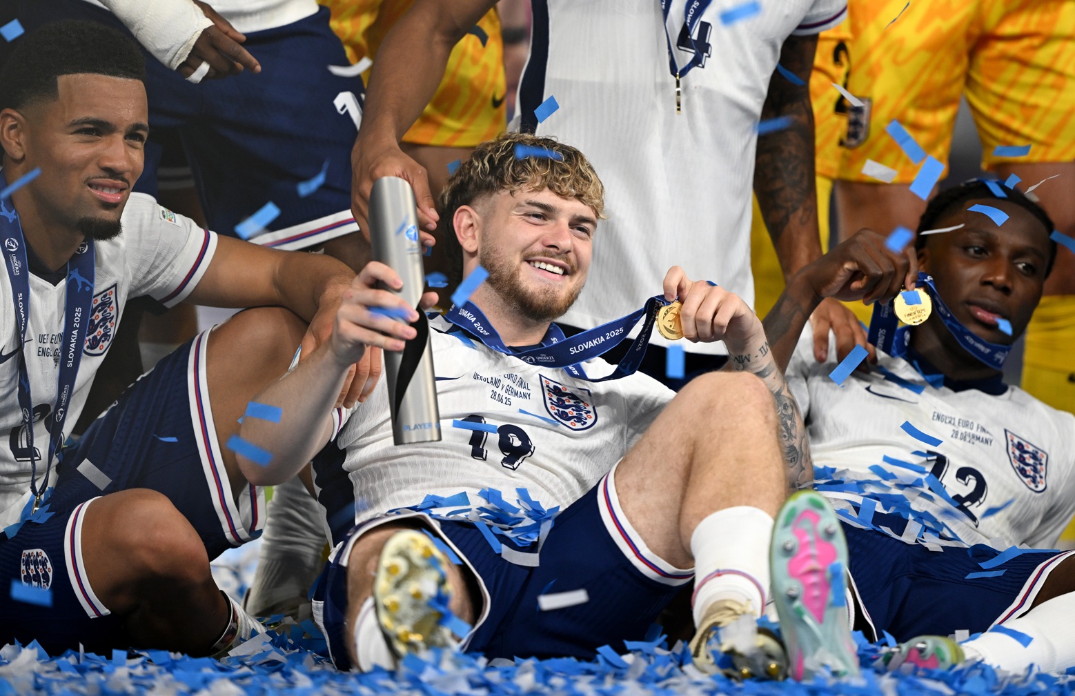 Harvey Elliott celebrates winning the European Under-21 Championship with England in 2025