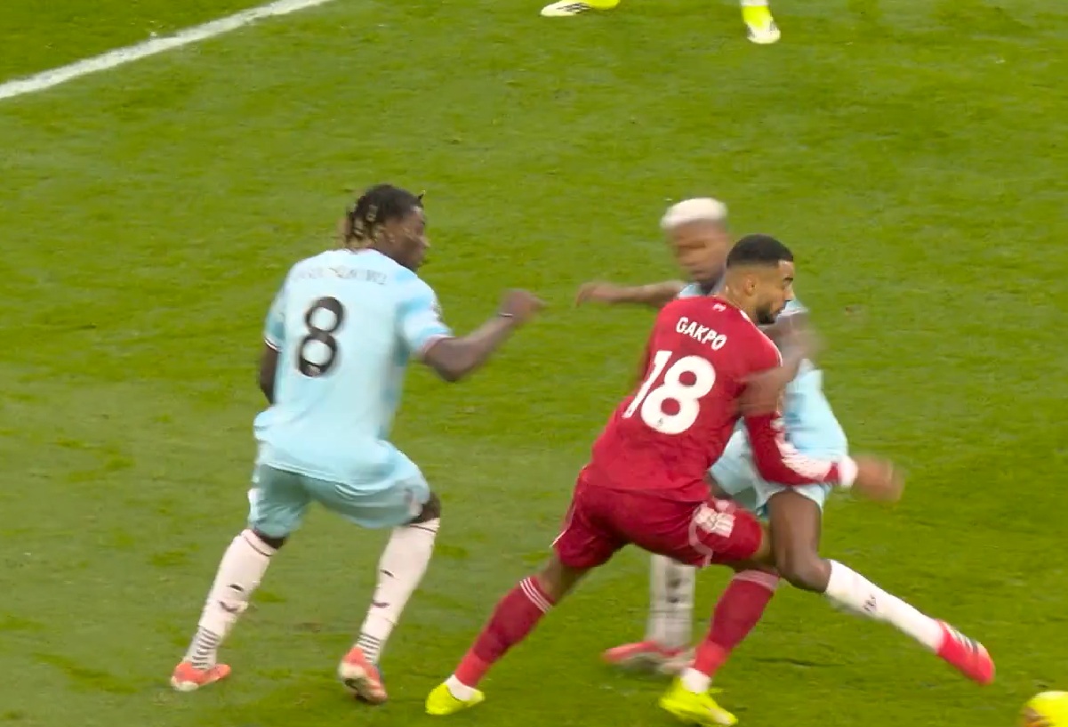Cody Gakpo is caught by Florentino Luis, with Liverpool duly being awarded a penalty