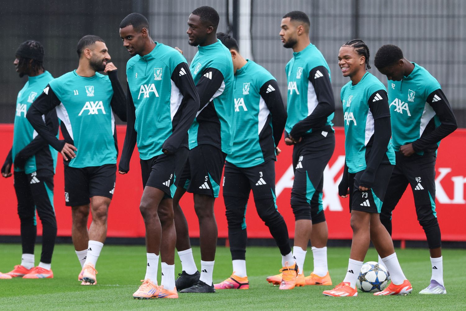 Alexander Isak, Ibrahima Konate and Mo Salah in Liverpool training