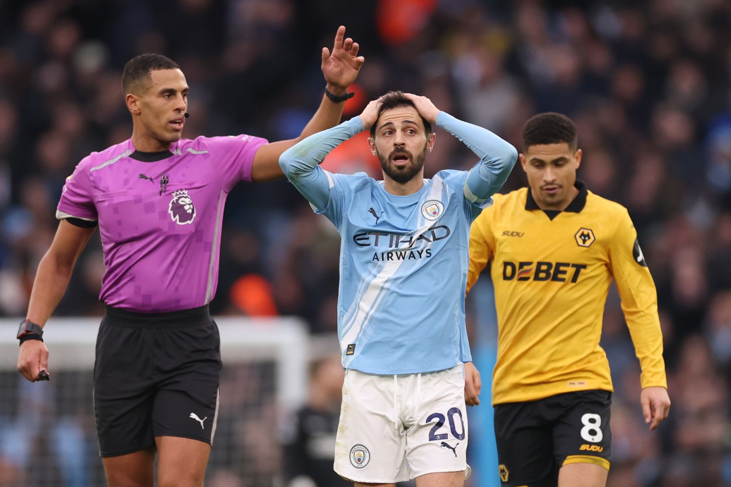 Bernardo Silva of Man City reacts against Wolves