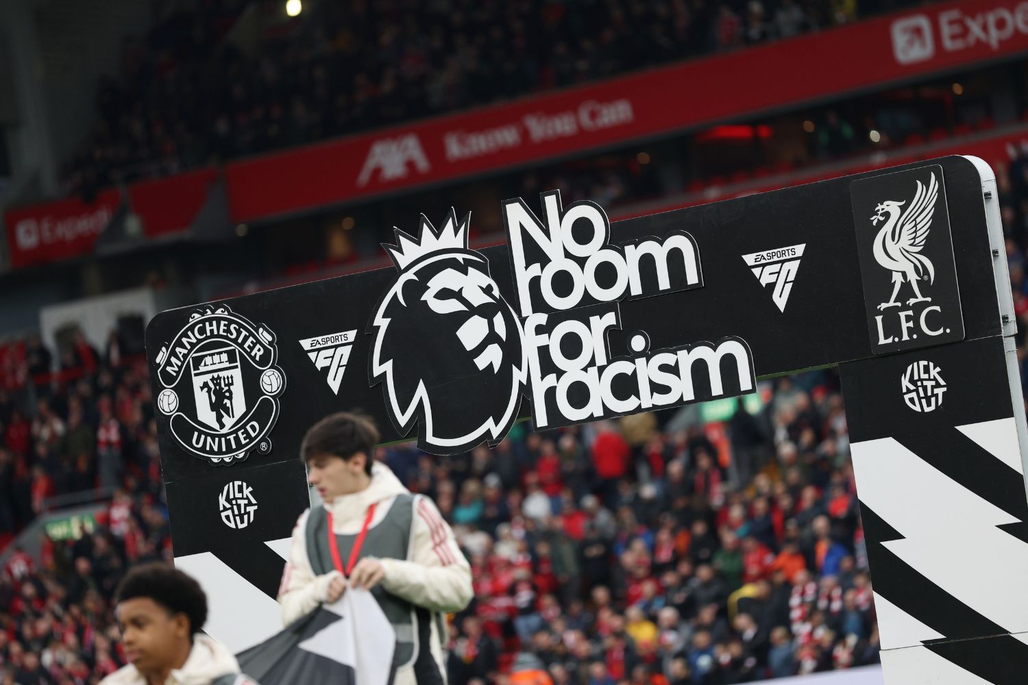 No Room For Racism branding during the Premier League match between Liverpool and Manchester United at Anfield