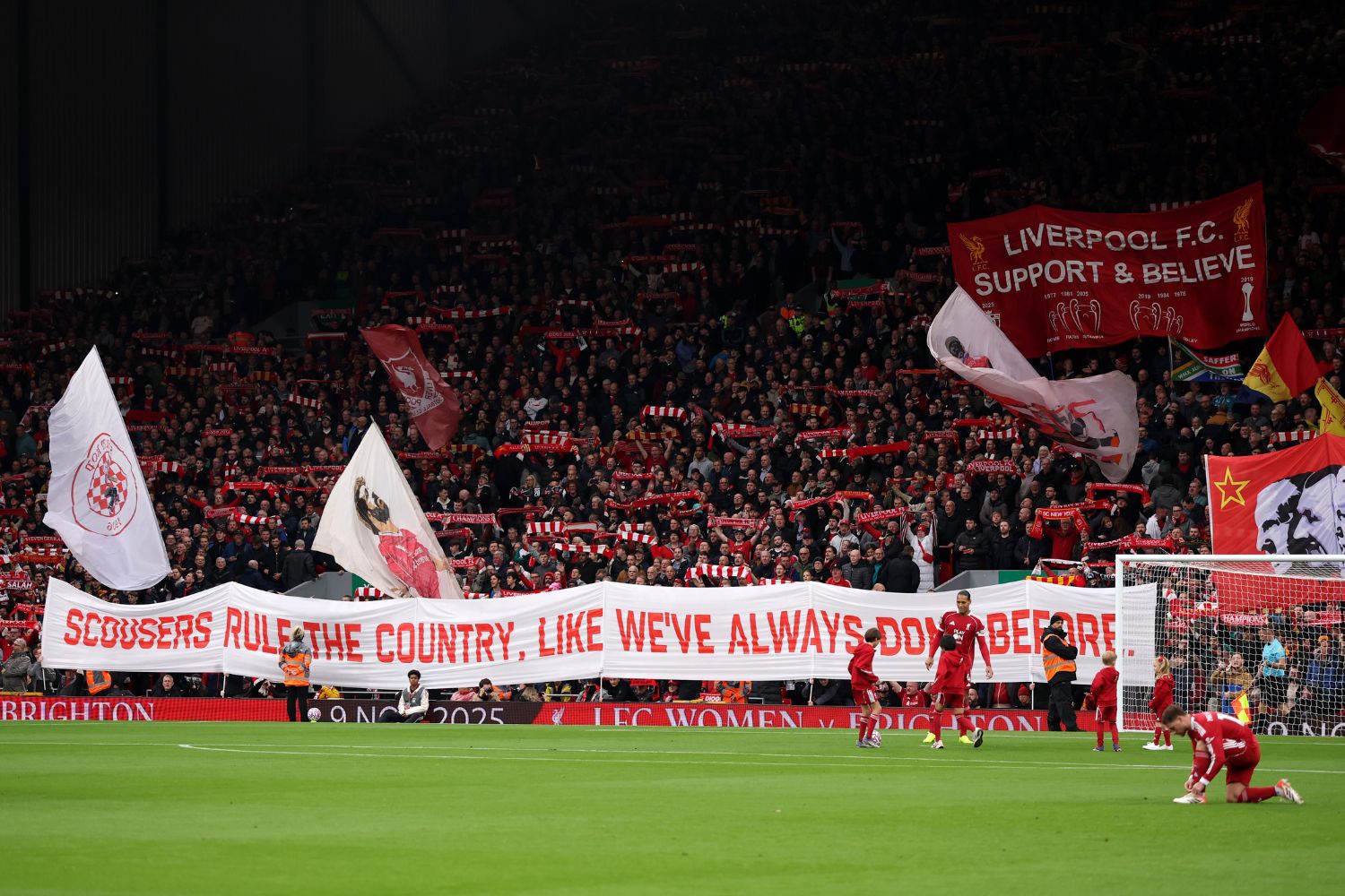 General view inside the stadium as Liverpool fans hold up banners prior to the Premier League match between Liverpool and Manchester United