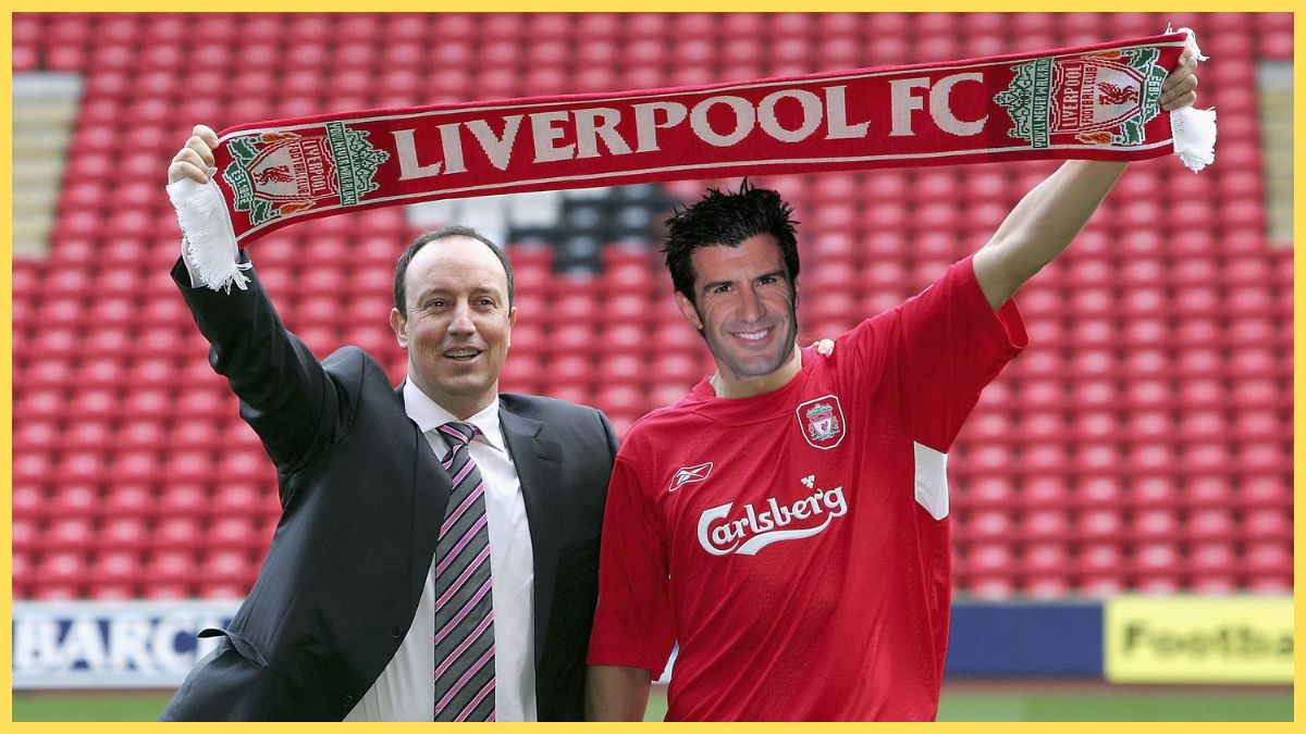 Rafa Benitez holds a scarf with a Liverpool player at Anfield. Luis Figo pictured in 2005