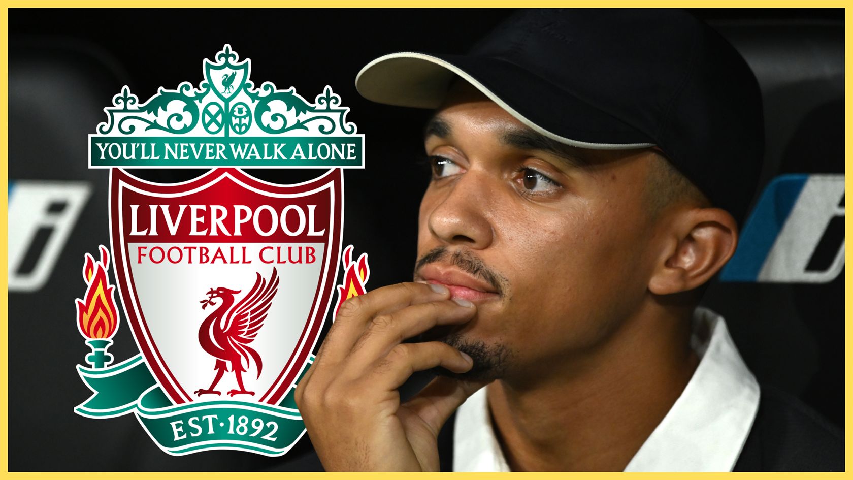 Trent Alexander-Arnold strokes his chin thoughtfully next to Liverpool club crest.
