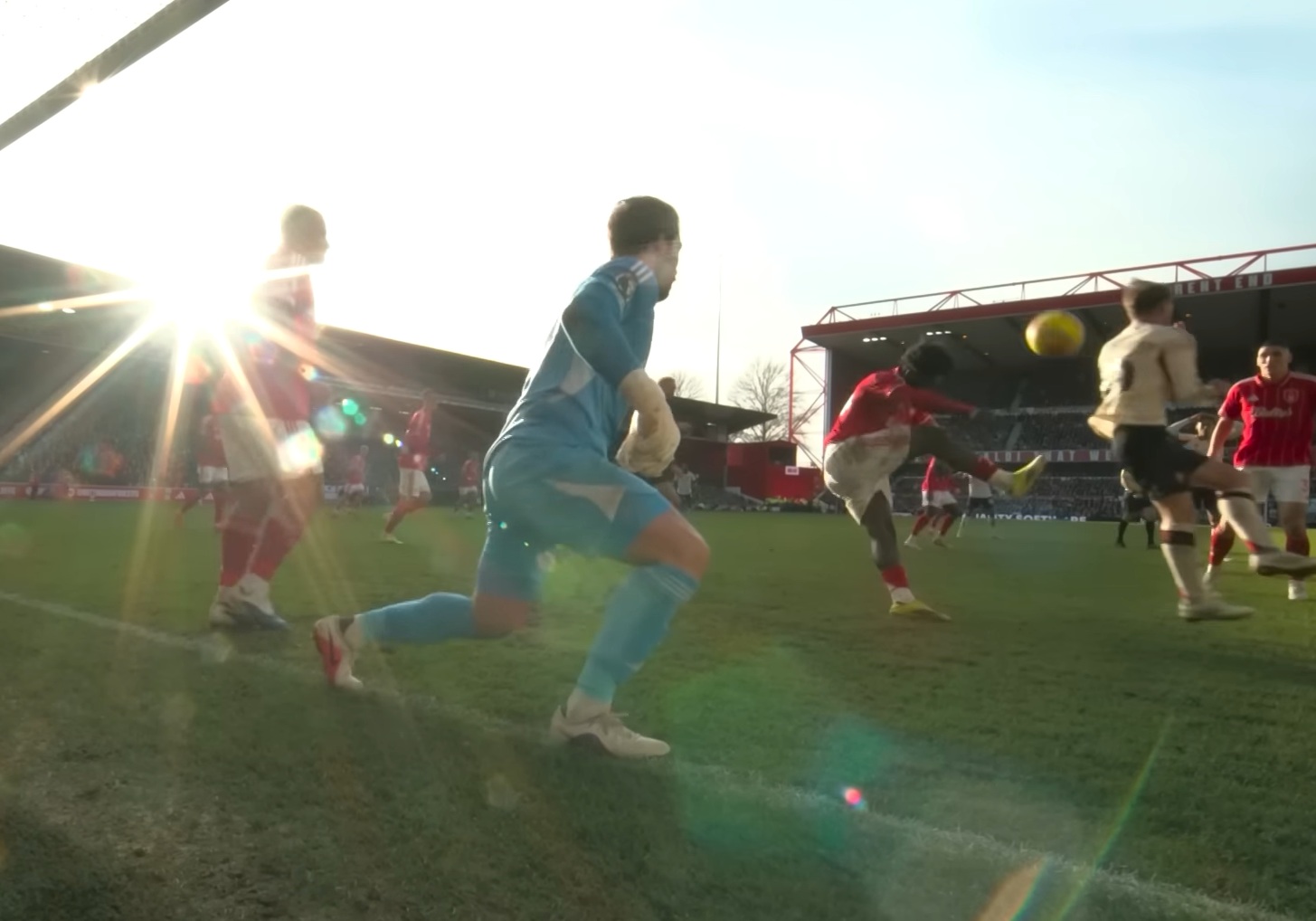 Ola Aina's clearance hits off Alexis Mac Allister's elbow and into the Nottingham Forest net