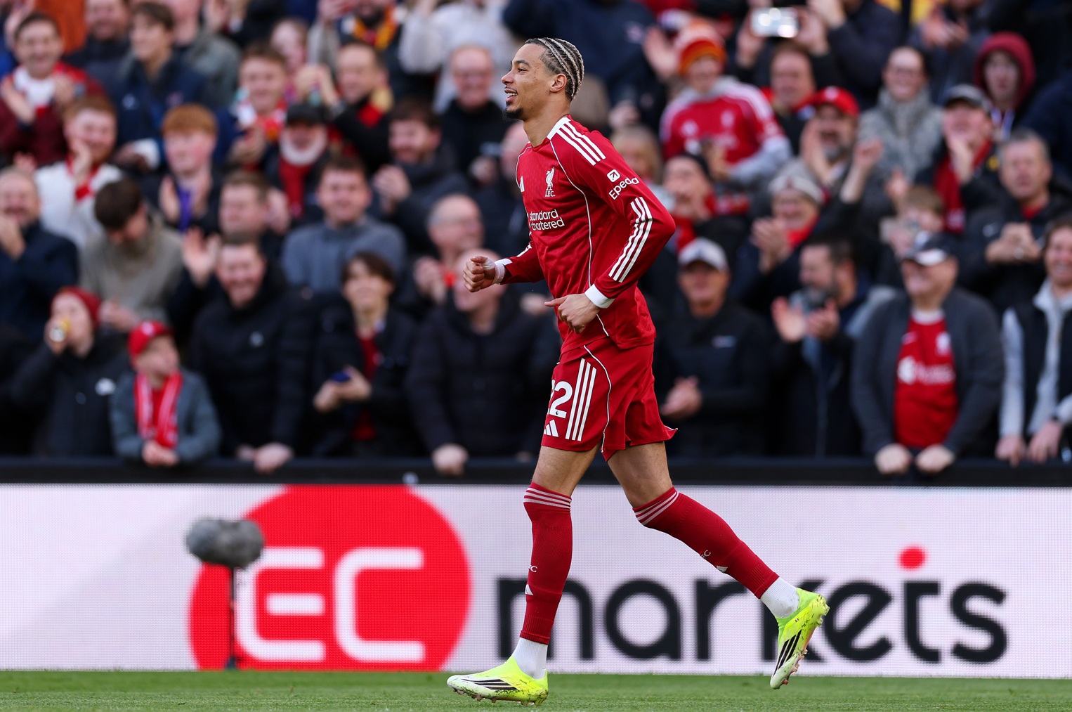 Hugo Ekitike celebrates his early goal against West Ham at Anfield