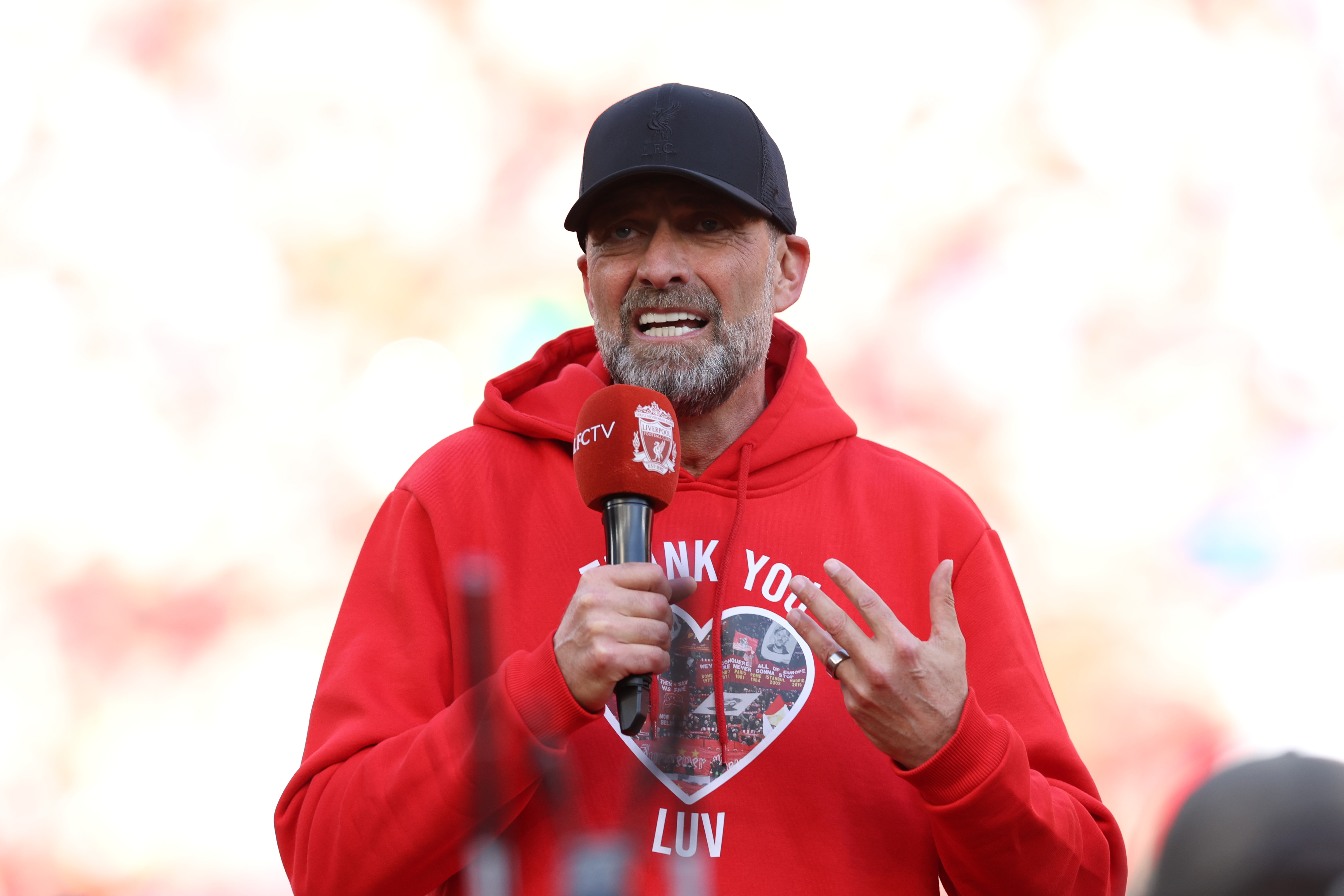 Jurgen Klopp addresses Liverpool fans after his final game at Anfield in May 2024