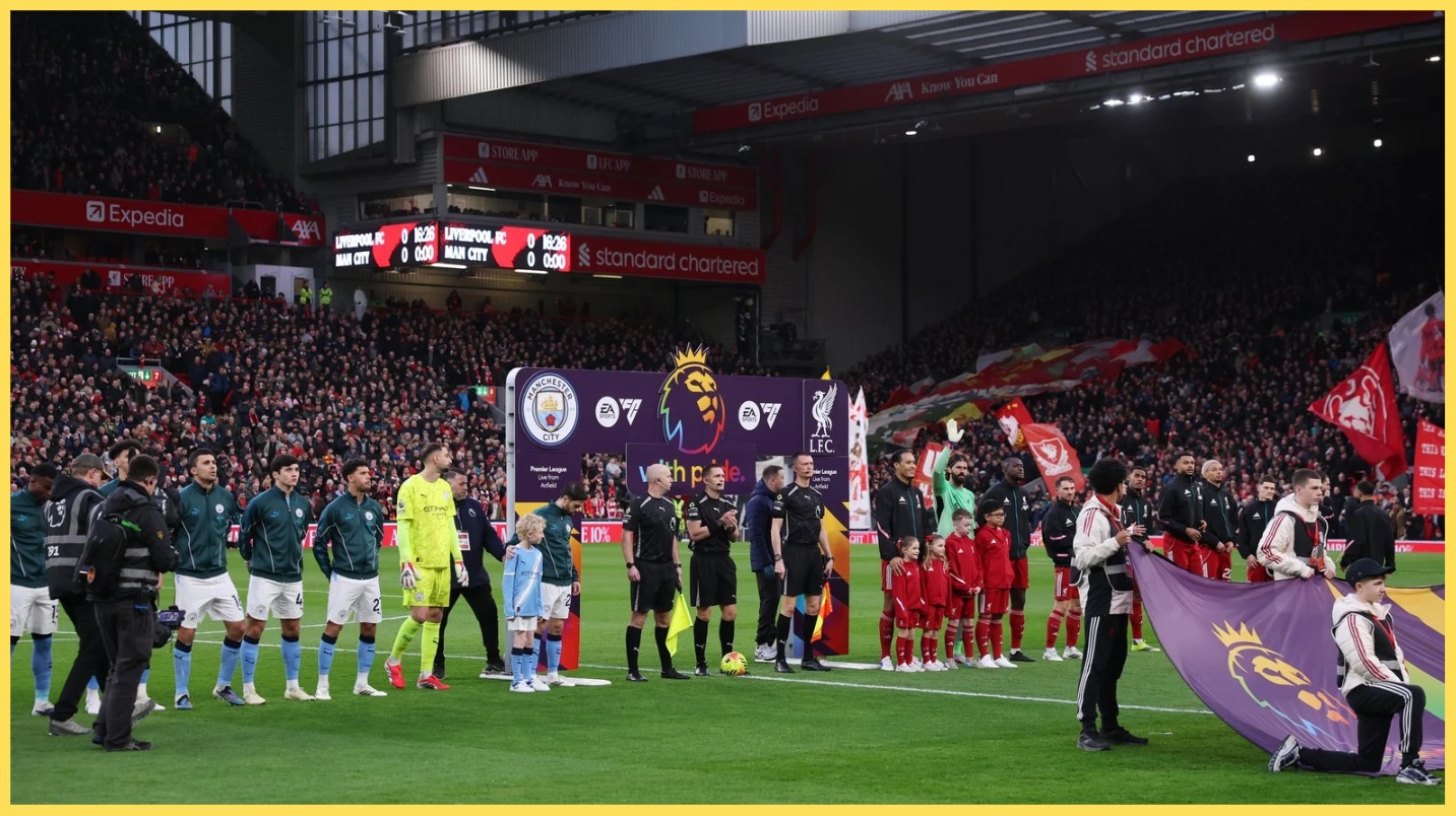 Liverpool and Man City players line up prior to their fixture at Anfield last weekend