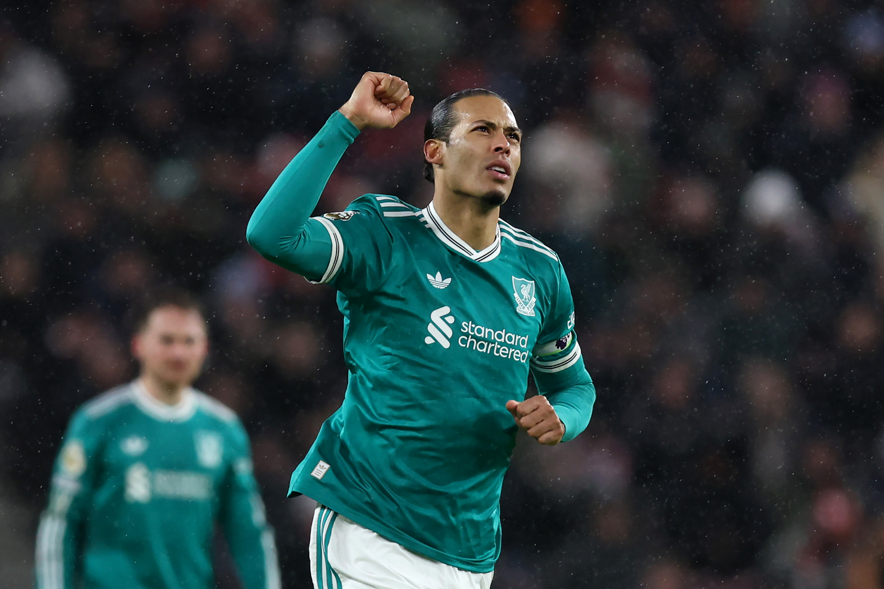 Virgil van Dijk celebrates his goal in Liverpool's win over Sunderland