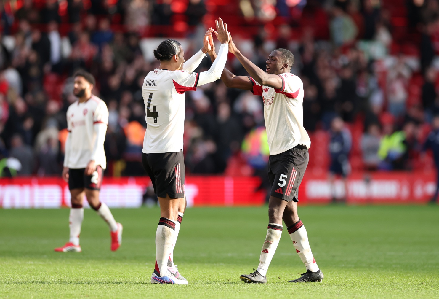Virgil van Dijk and Ibrahima Konate high-five after Liverpool's win over Nottingham Forest