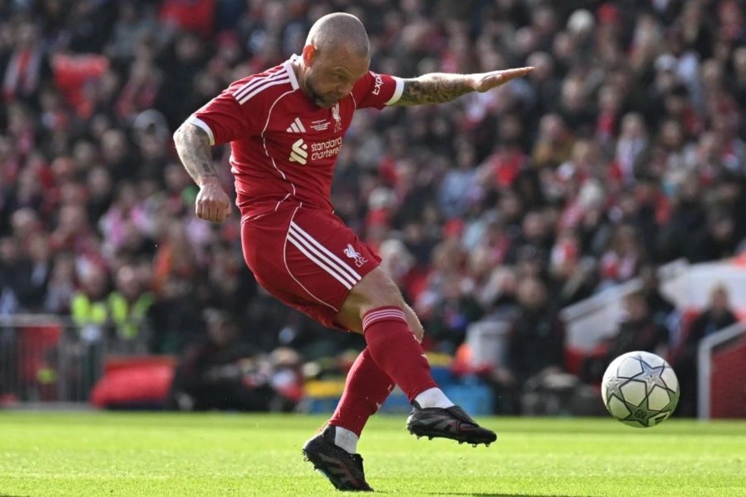 Jay Spearing scores at Anfield for the Liverpool Legends vs. Borussia Dortmund