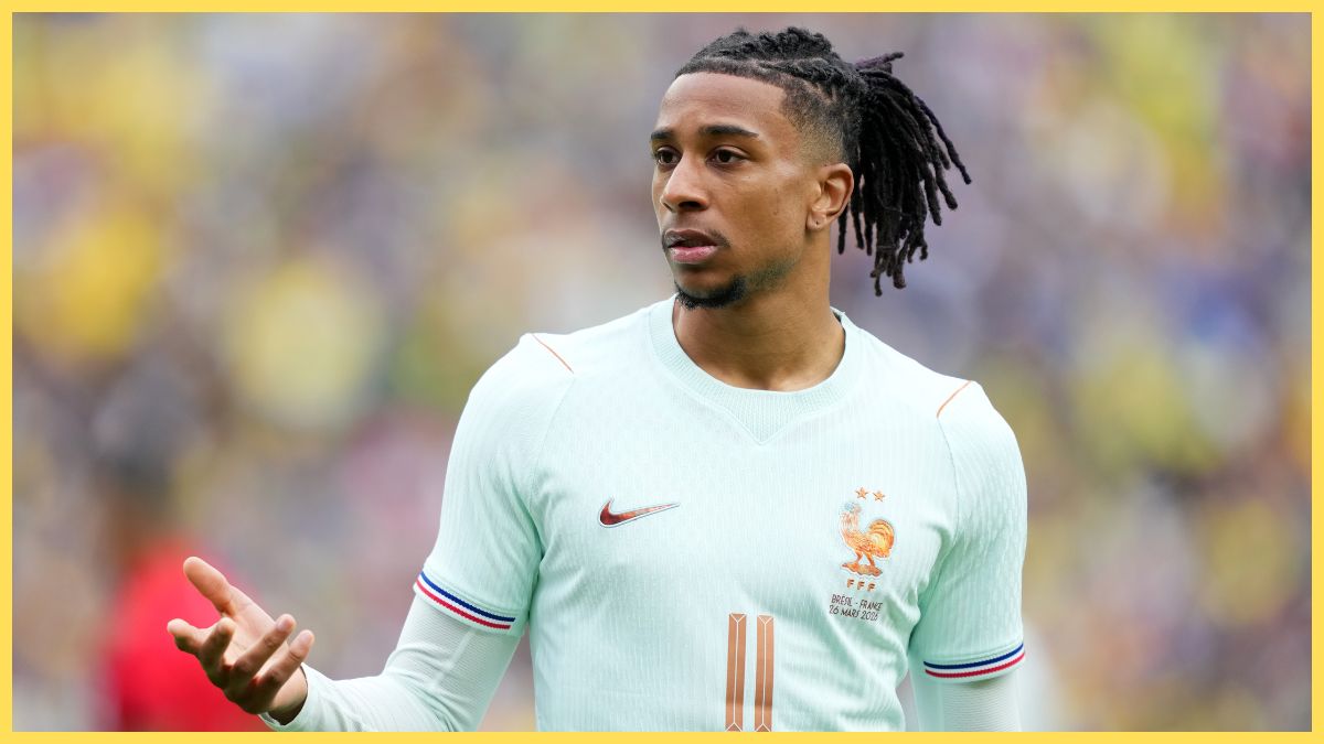 Michael Olise of France gestures during the international friendly match between Brazil and France