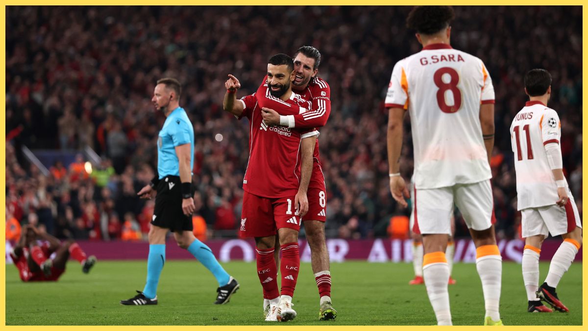 Mohamed Salah of Liverpool celebrates scoring his team's fourth goal with team mate Dominik Szoboszlai during the UEFA Champions League 2025/26 Round of 16 Second Leg match between Liverpool FC and Galatasaray