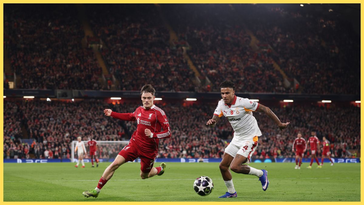 Florian Wirtz of Liverpool in action with Ismail Jakobs of Galatasaray