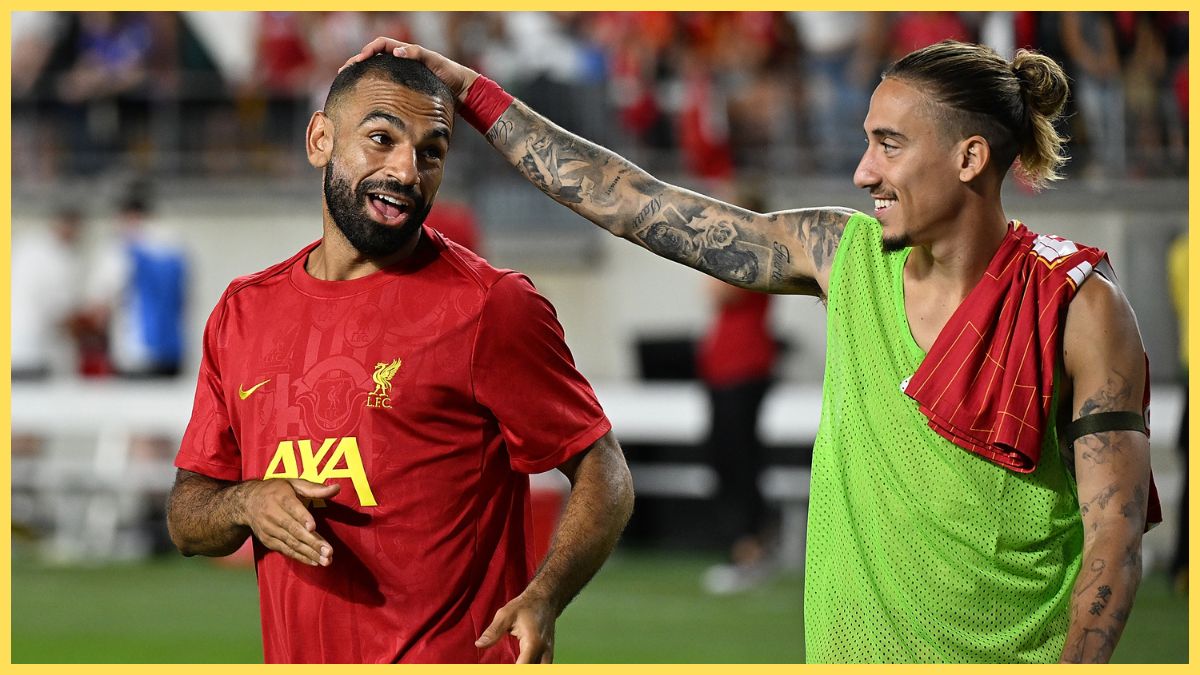 Mohamed Salah of Liverpool walks off the field with Kostas Tsimikas following a 1-0 win in the pre-season friendly against Real Betis at Acrisure Stadium on July 26, 2024 in Pittsburgh, Pennsylvania