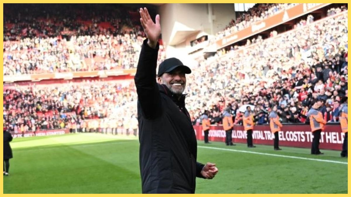 Jurgen Klopp salutes Liverpool fans at Anfield for Liverpool Legends game vs. Borussia Dortmund