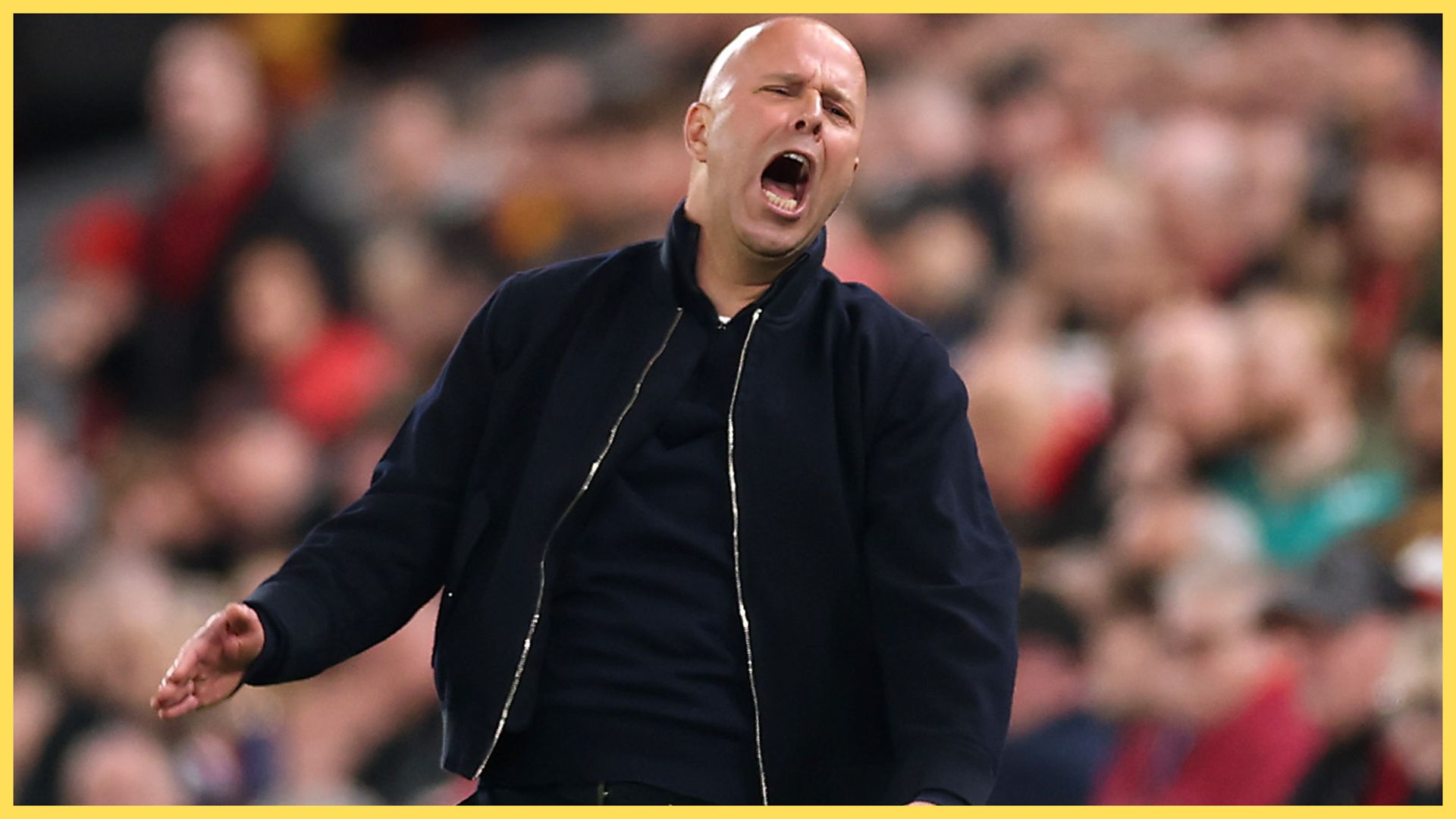 Arne Slot looks furious during Liverpool game.