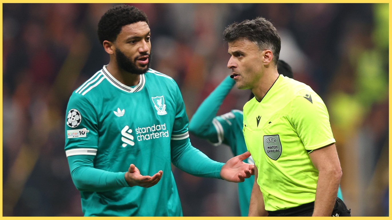 Joe Gomez protests to the referee during Liverpool's defeat to Galatasaray