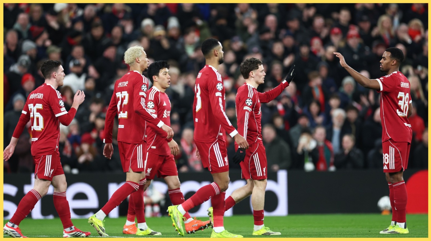 Liverpool players celebrate with Florian Wirtz after he scored against Qarabag