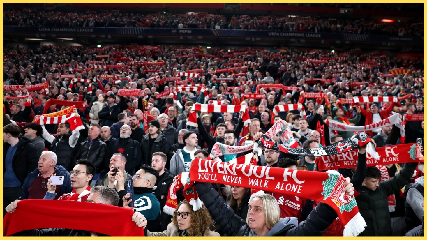 Liverpool fans sing You'll Never Walk Alone prior to kick-off at Anfield