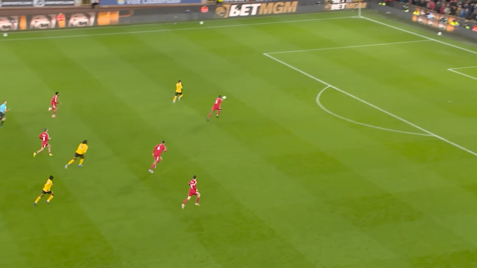 Rodrigo Gomes gets to the ball ahead of Ibrahima Konate in the lead-up to Wolves' opening goal against Liverpool