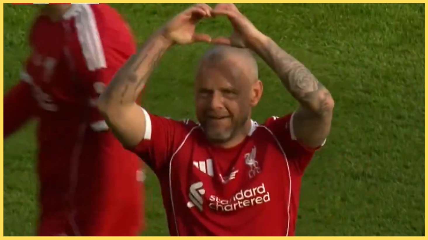 Jay Spearing celebrates his goal in the Liverpool Legends match