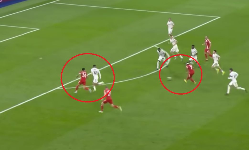 Serge Gnabry plays a pass as Luis Diaz runs around Trent Alexander-Arnold.