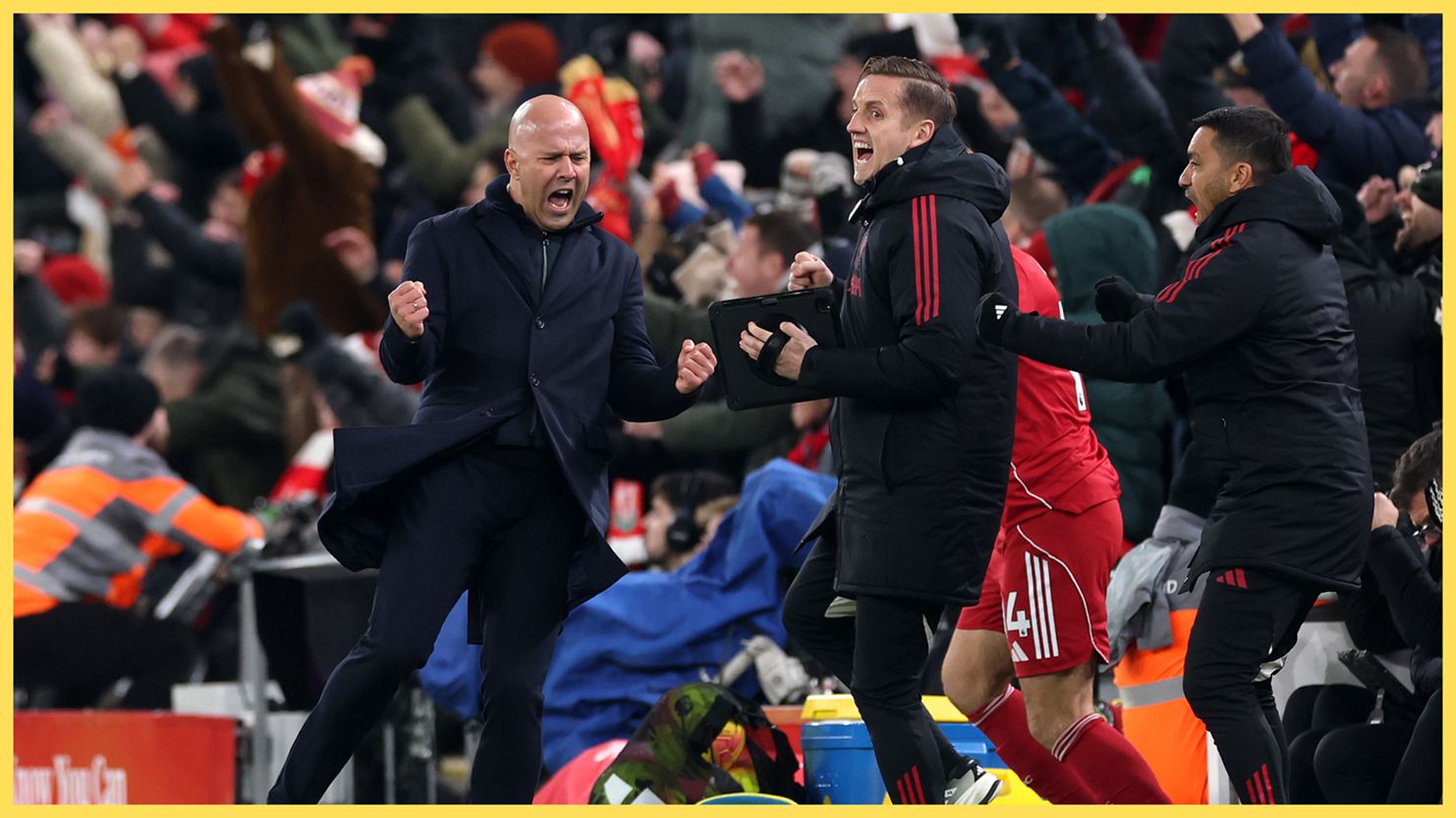 Arne Slot celebrates during Liverpool game.
